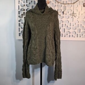 Something Navy Olive Green Cable Knit Cowl Neck Sweater M